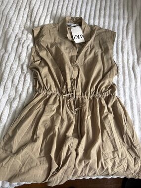 ZARA Slvls Drawstring ShirtDress-Tan NWT! XS but WILL FIT larger sizes-SEE PICS